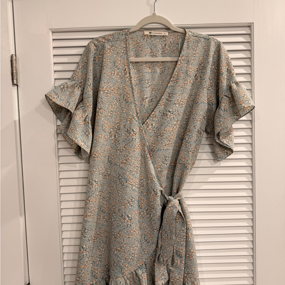 The Impeccable Pig Floral Midi Wrap Dress in Light Blue and Peach